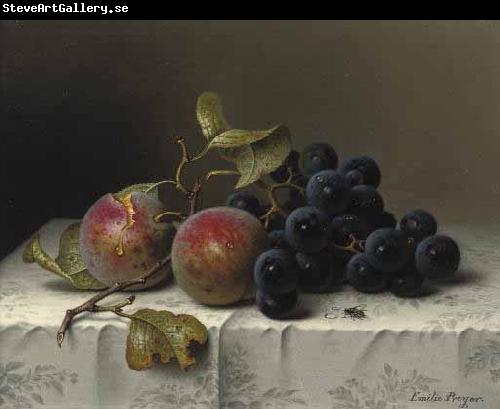 Johann Wilhelm Preyer Prunes and grapes on a damast tablecloth